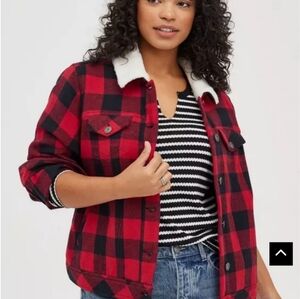 [Torrid] Red & Black Plaid Bomber Button Down Jacket Sherpa Collar Womens 2X